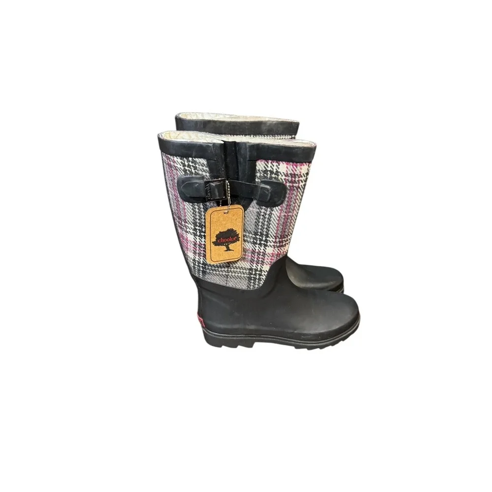 Chooka Women Shoes Plaid Rain Mid Calf Rubber Boots Strawberry Charcoal 10 NWOT‎